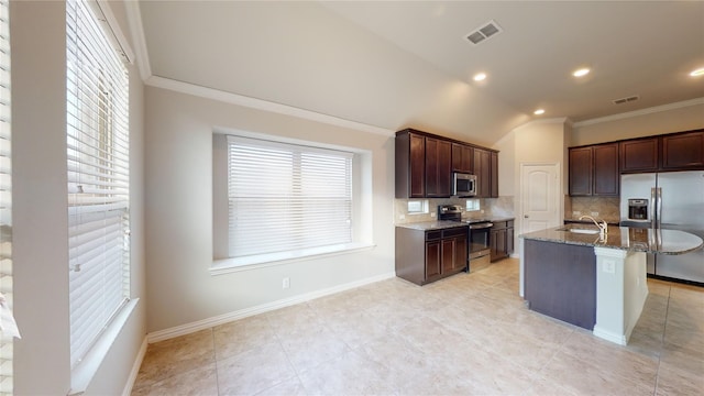 304 Eden Dr, Fate, TX 75189 - kitchen with stainless steel appliances, a sink, ornamental molding, stone countertops, and tasteful backsplash