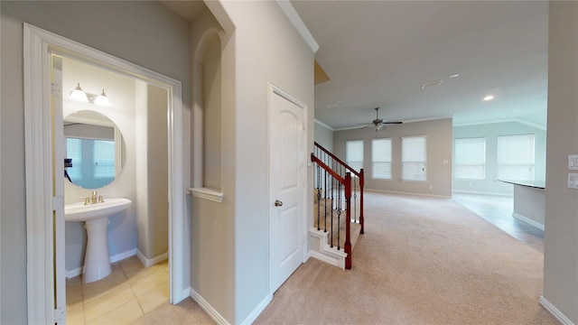 304 Eden Dr, Fate, TX 75189 - hall featuring ornamental molding, baseboards, light carpet, stairway, and recessed lighting