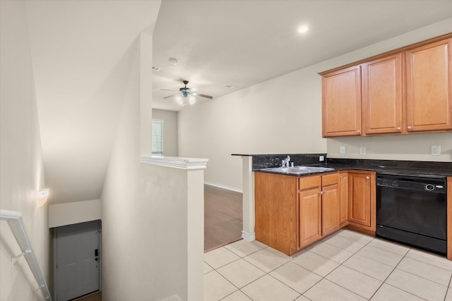 908 Glenn Crossett St, Arlington, TX 76010 - kitchen with black dishwasher, a sink, ceiling fan, a peninsula, and light tile patterned floors