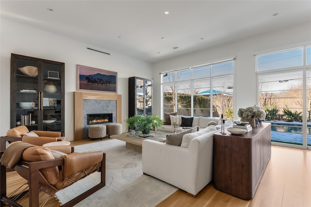 living area featuring light wood-style flooring and a fireplace