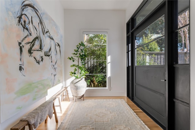 doorway to outside with light wood-type flooring