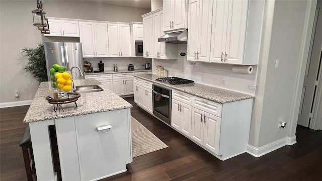 4557 El Paso Dr, Plano, TX 75024 - kitchen with under cabinet range hood, appliances with stainless steel finishes, baseboards, and dark wood-style floors