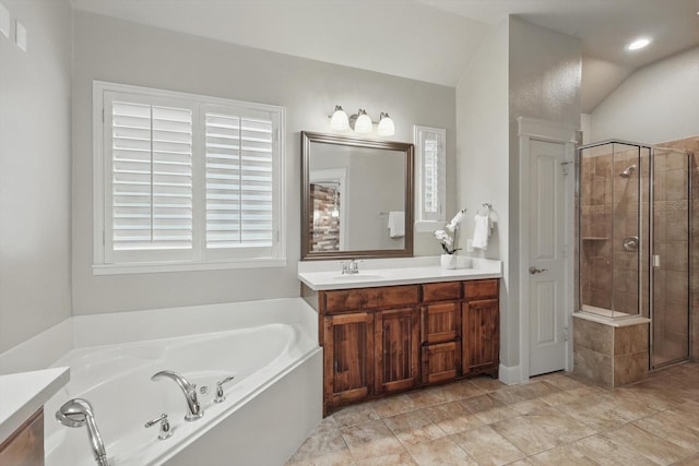 1309 Constitution Dr, Mckinney, TX 75071 - full bath with a garden tub, a stall shower, vanity, and tile patterned floors
