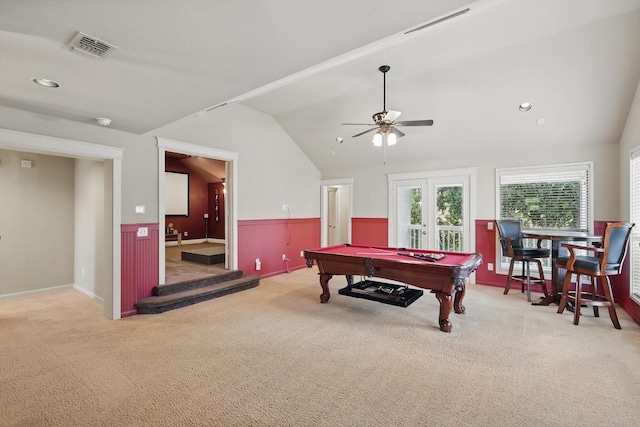 1309 Constitution Dr, Mckinney, TX 75071 - playroom with vaulted ceiling, wainscoting, carpet flooring, billiards, and ceiling fan