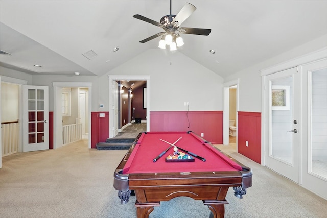1309 Constitution Dr, Mckinney, TX 75071 - game room featuring carpet flooring, a wainscoted wall, ceiling fan, vaulted ceiling, and french doors