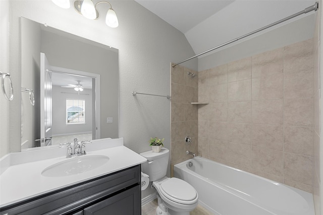 3117 Moldboard Dr, Mckinney, TX 75071 - bathroom with vaulted ceiling, a ceiling fan, toilet,  shower combination, and vanity