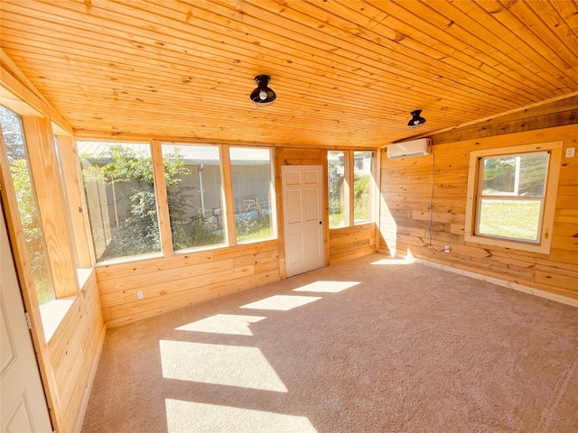 118 Ricky Rd, Gun Barrel City, TX 75156 - unfurnished sunroom featuring wood ceiling, wood walls, carpet, and a wall mounted air conditioner
