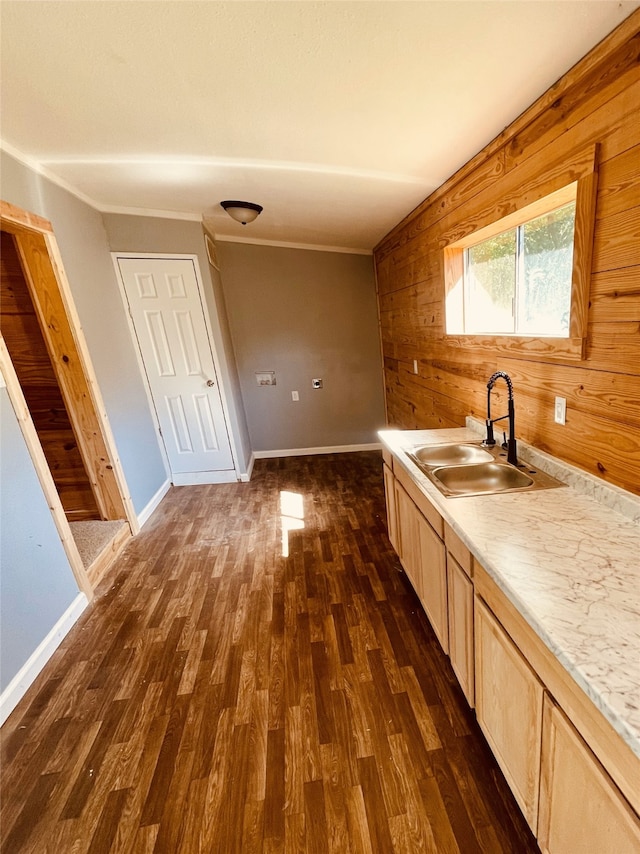 118 Ricky Rd, Gun Barrel City, TX 75156 - kitchen with a sink, wooden walls, light brown cabinets, dark wood finished floors, and light countertops