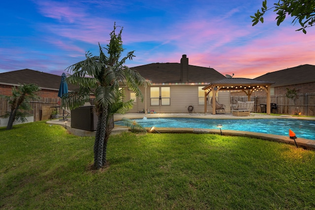 2304 Bermont Red Ln, Fort Worth, TX 76131 - pool at dusk featuring a gazebo and a patio area
