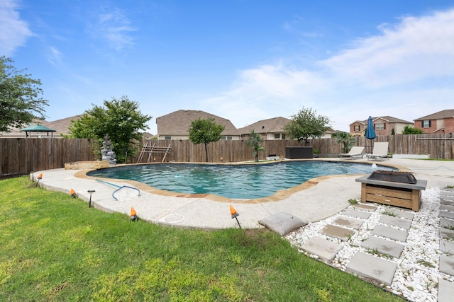 2304 Bermont Red Ln, Fort Worth, TX 76131 - view of pool with an outdoor fire pit, a fenced backyard, and a patio