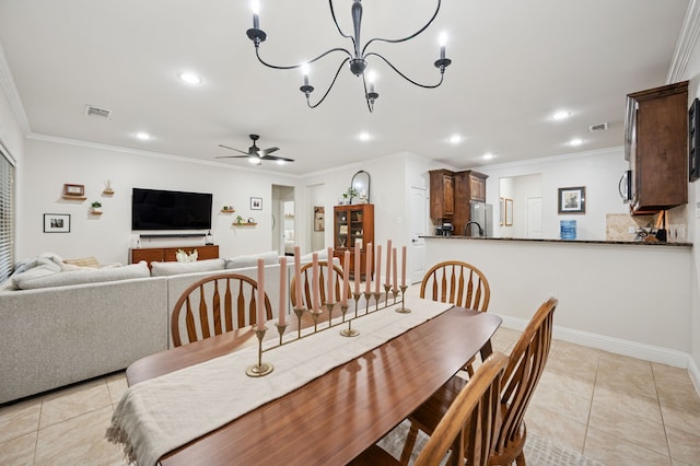 dining space with a ceiling fan, ornamental molding, light tile patterned floors, recessed lighting, and a chandelier