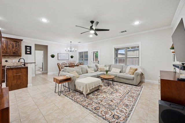 living room featuring a ceiling fan, light tile patterned floors, crown molding, a chandelier, and recessed lighting