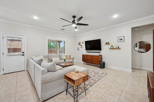 living area featuring a ceiling fan, crown molding, light tile patterned floors, baseboards, and recessed lighting