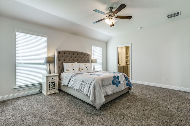 7332 Carnation St, Little Elm, TX 76227 - carpeted bedroom featuring baseboards, ceiling fan, ensuite bathroom, and vaulted ceiling