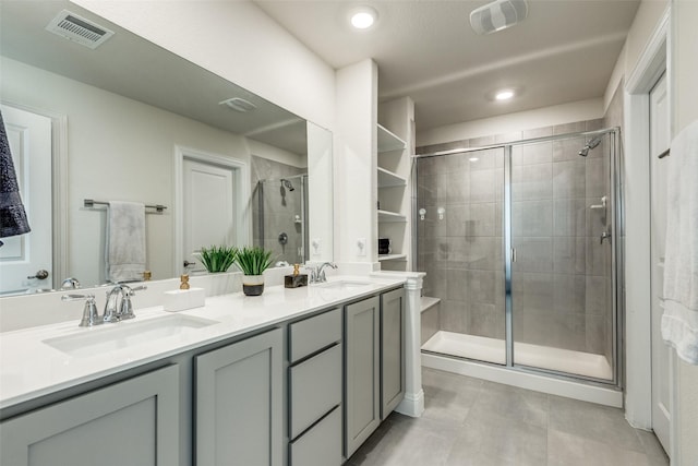 7332 Carnation St, Little Elm, TX 76227 - full bathroom featuring a stall shower, double vanity, tile patterned floors, and recessed lighting