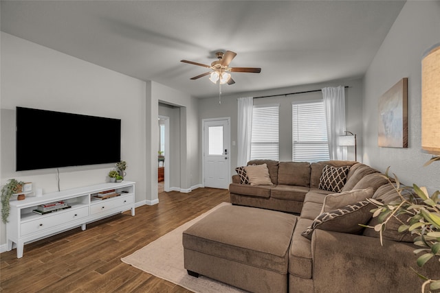 411 Skipper Ln, Azle, TX 76020 - living room with a ceiling fan, dark wood-style flooring, and baseboards