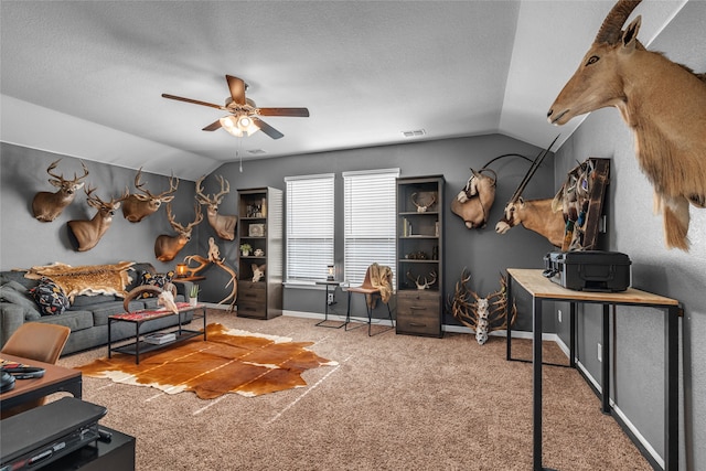 411 Skipper Ln, Azle, TX 76020 - carpeted living area featuring lofted ceiling, a ceiling fan, baseboards, a wood stove, and a textured ceiling