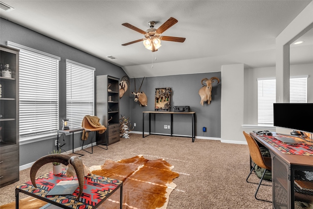 411 Skipper Ln, Azle, TX 76020 - carpeted office space with a ceiling fan, baseboards, and lofted ceiling