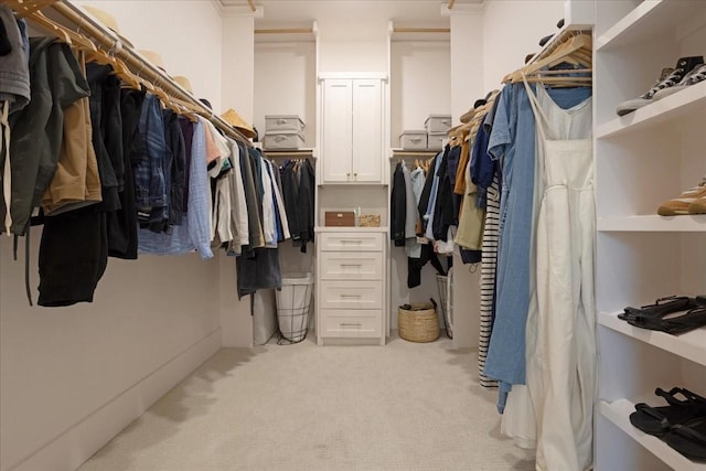 walk in closet with light carpet