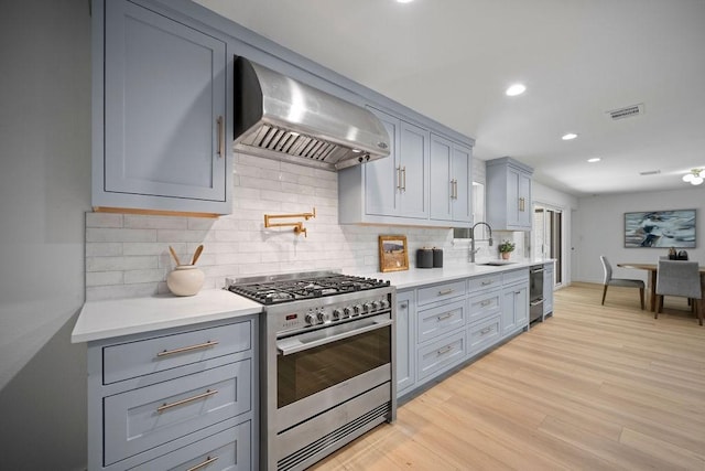 1500 W Virginia St, Mckinney, TX 75069 - kitchen featuring wall chimney range hood, stainless steel range with gas cooktop, a sink, gray cabinetry, and light countertops