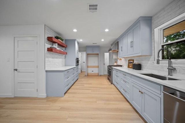 1500 W Virginia St, Mckinney, TX 75069 - kitchen with stainless steel appliances, a sink, open shelves, wall chimney exhaust hood, and decorative backsplash