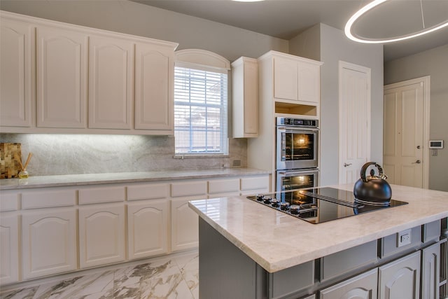 6513 Crawley Dr, Plano, TX 75093 - kitchen with stainless steel double oven, black electric cooktop, light marble finish flooring, and white cabinets