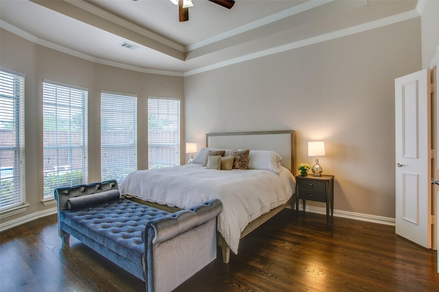 6513 Crawley Dr, Plano, TX 75093 - bedroom with a raised ceiling, wood finished floors, ornamental molding, baseboards, and a ceiling fan