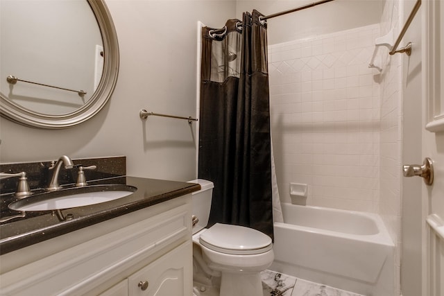 6513 Crawley Dr, Plano, TX 75093 - bathroom featuring marble finish flooring, toilet, vanity, and shower / bath combo with shower curtain