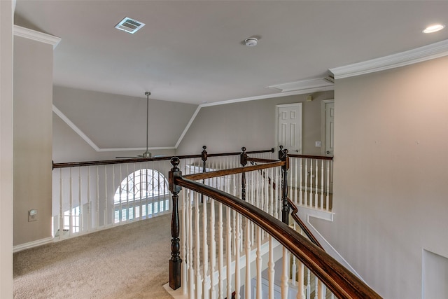 6513 Crawley Dr, Plano, TX 75093 - corridor featuring ornamental molding, carpet flooring, attic access, baseboards, and lofted ceiling