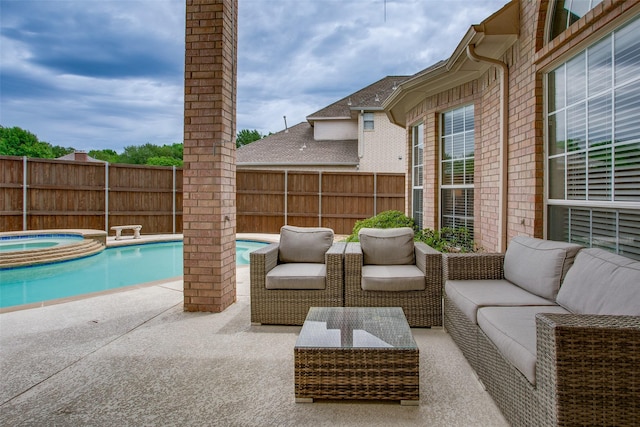 6513 Crawley Dr, Plano, TX 75093 - view of swimming pool featuring a patio area, a fenced backyard, outdoor lounge area, and a pool with connected hot tub