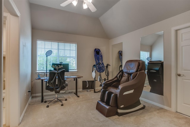 6513 Crawley Dr, Plano, TX 75093 - carpeted home office with a ceiling fan, healthy amount of natural light, baseboards, and vaulted ceiling