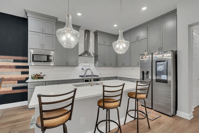 4533 Wilbarger St, Plano, TX 75024 - kitchen featuring stainless steel appliances, wall chimney exhaust hood, gray cabinets, a sink, and light countertops
