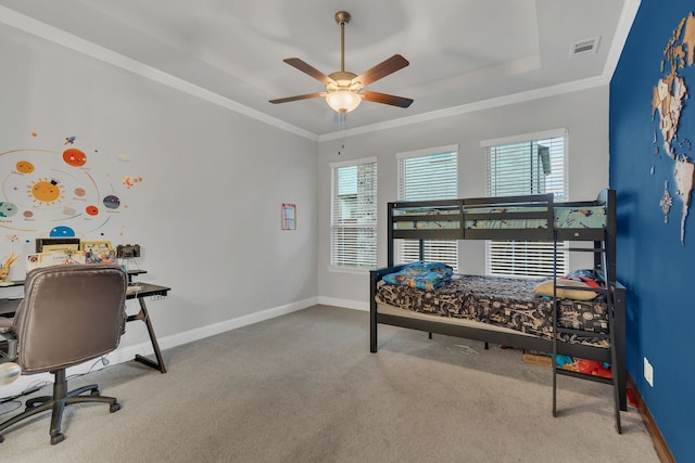 4533 Wilbarger St, Plano, TX 75024 - carpeted bedroom featuring baseboards, a desk, crown molding, a raised ceiling, and a ceiling fan