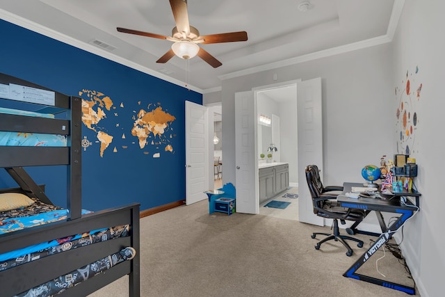 4533 Wilbarger St, Plano, TX 75024 - bedroom featuring a desk, carpet floors, baseboards, connected bathroom, and crown molding
