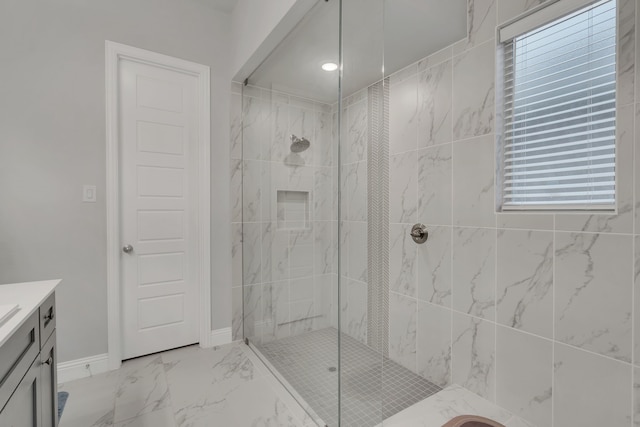4533 Wilbarger St, Plano, TX 75024 - bathroom featuring a stall shower, marble finish flooring, vanity, healthy amount of natural light, and recessed lighting