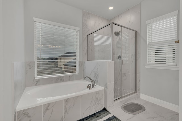 4533 Wilbarger St, Plano, TX 75024 - full bathroom with a stall shower, a garden tub, marble finish flooring, baseboards, and recessed lighting