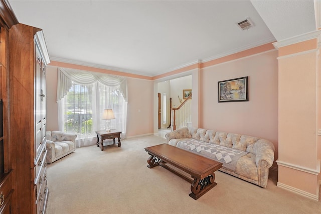 living room with carpet, ornamental molding, stairs, and baseboards
