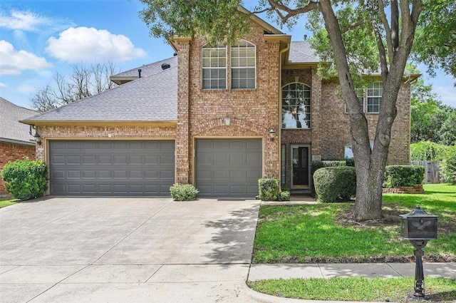 view of front of property featuring concrete driveway, a shingled roof, brick siding, and an attached garage