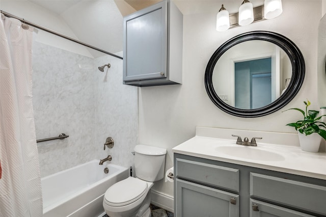 full bath with shower / bath combo, toilet, and vanity