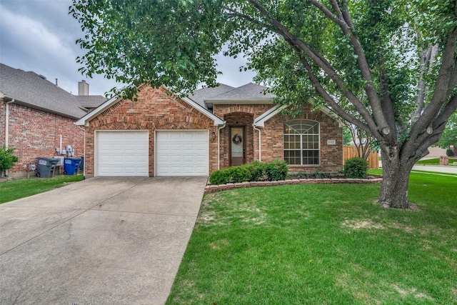 6520 Creek Crossing Ln, Sachse, TX 75048 - traditional home with an attached garage, concrete driveway, brick siding, a front yard, and roof with shingles