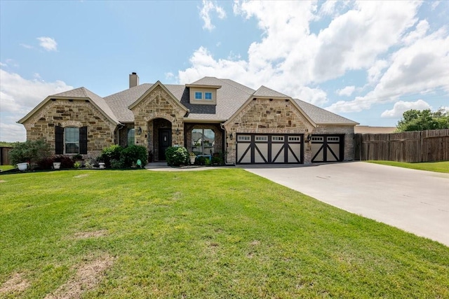 view of front of property with stone siding, a garage, a chimney, and driveway