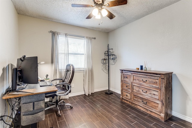 2802 Rio Grande Pass, Mesquite, TX 75150 - office area featuring baseboards, a ceiling fan, a textured ceiling, and dark wood-style floors