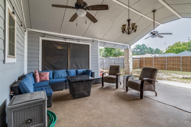 2802 Rio Grande Pass, Mesquite, TX 75150 - view of patio featuring an outdoor hangout area, a ceiling fan, and fence