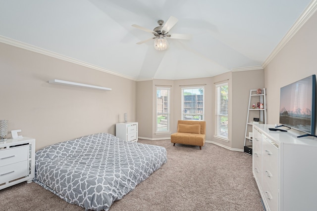 bedroom featuring carpet flooring, vaulted ceiling, ornamental molding, a ceiling fan, and baseboards