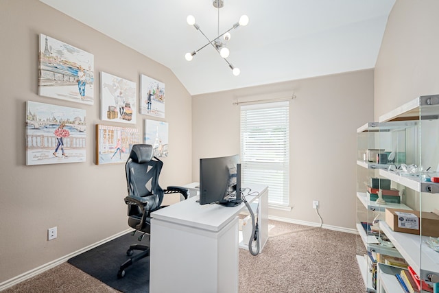 office area with light carpet, a chandelier, baseboards, and lofted ceiling