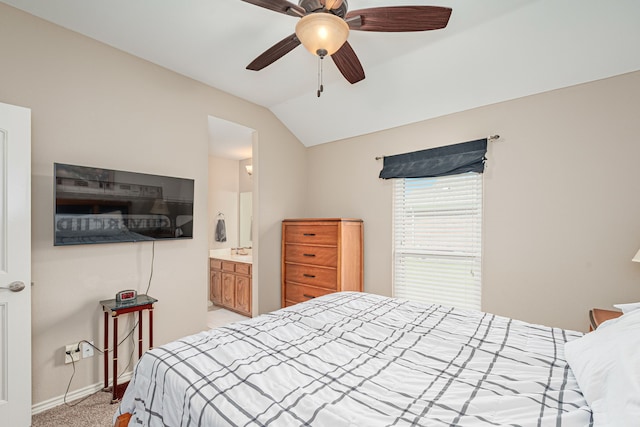 bedroom featuring lofted ceiling, light colored carpet, baseboards, and ceiling fan