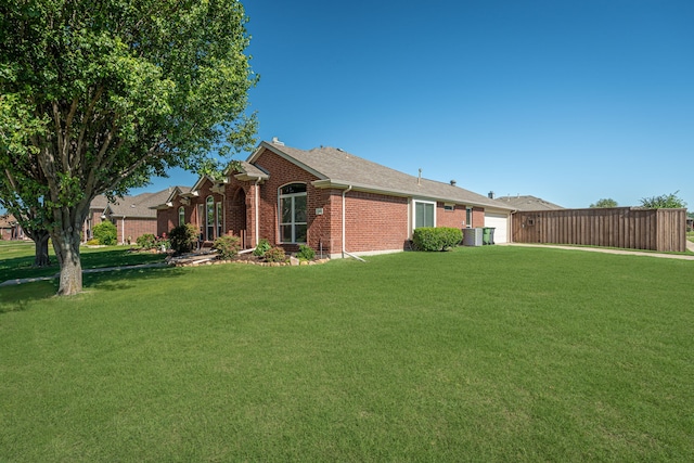 view of home's exterior with brick siding, a garage, and a lawn