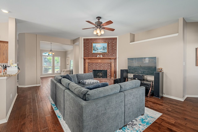 living room featuring baseboards, dark wood-style floors, and ceiling fan