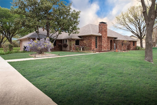 102 Camino Real W, Wylie, TX 75098 - ranch-style house featuring a chimney, a front yard, brick siding, and roof with shingles