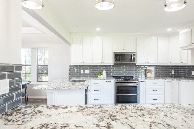 102 Camino Real W, Wylie, TX 75098 - kitchen with appliances with stainless steel finishes, a sink, white cabinetry, light stone countertops, and backsplash